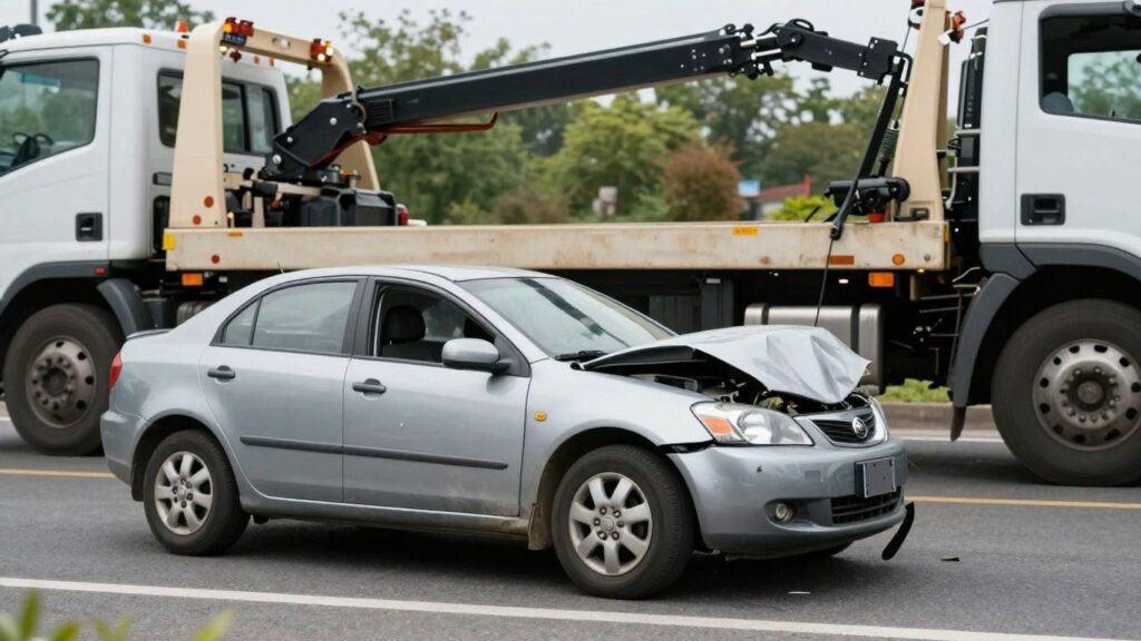 Damaged car after an accident with a tow truck.