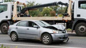 Damaged car after an accident with a tow truck.