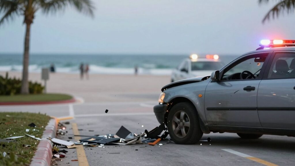 Florida car accident scene with emergency lights.